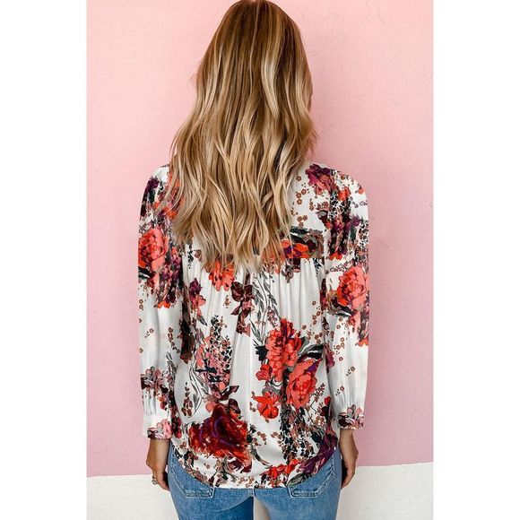 Azura Exchange  Red Retro Floral Long Sleeve Blouse - Picture 2 of 6